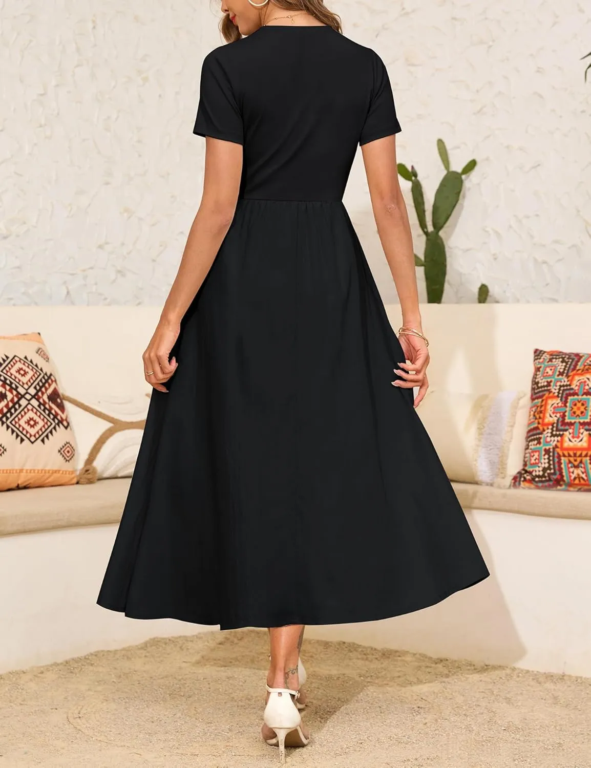 Annebouti Womens 2025 Summer Spring Maxi Dress Trendy Elegant Short Sleeve Cotton Top Casual Long Dress with Pockets