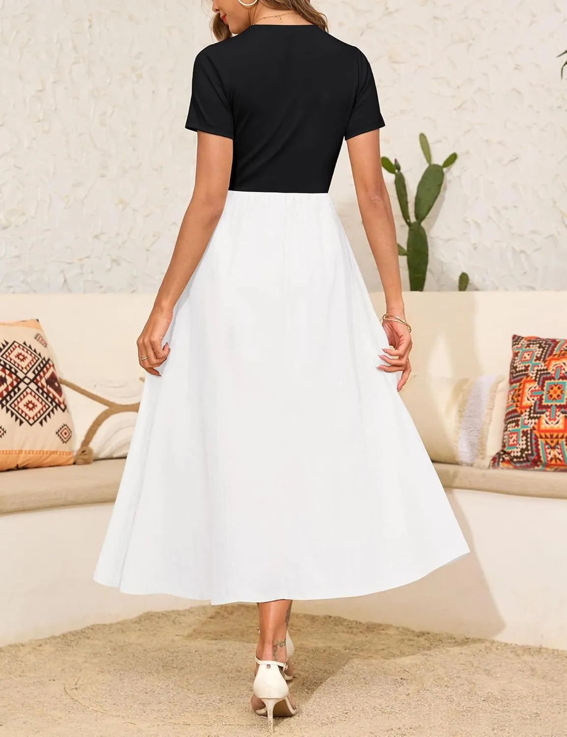 Annebouti Womens 2025 Summer Spring Maxi Dress Trendy Elegant Short Sleeve Cotton Top Casual Long Dress with Pockets