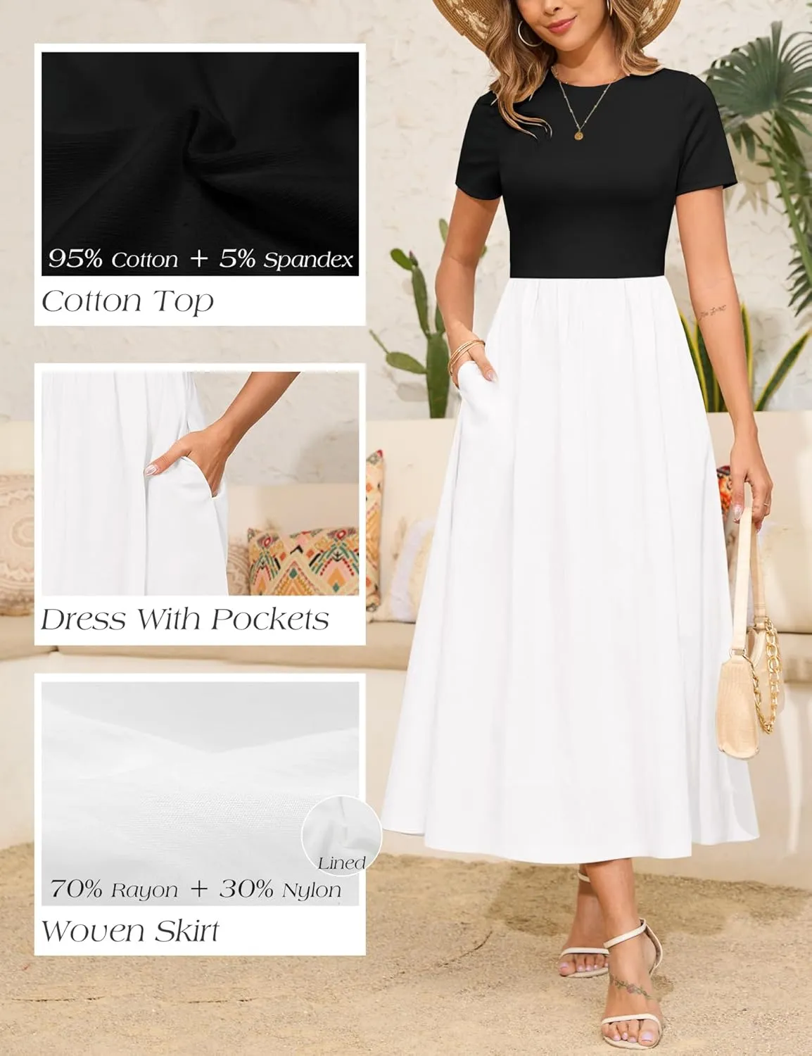 Annebouti Womens 2025 Summer Spring Maxi Dress Trendy Elegant Short Sleeve Cotton Top Casual Long Dress with Pockets