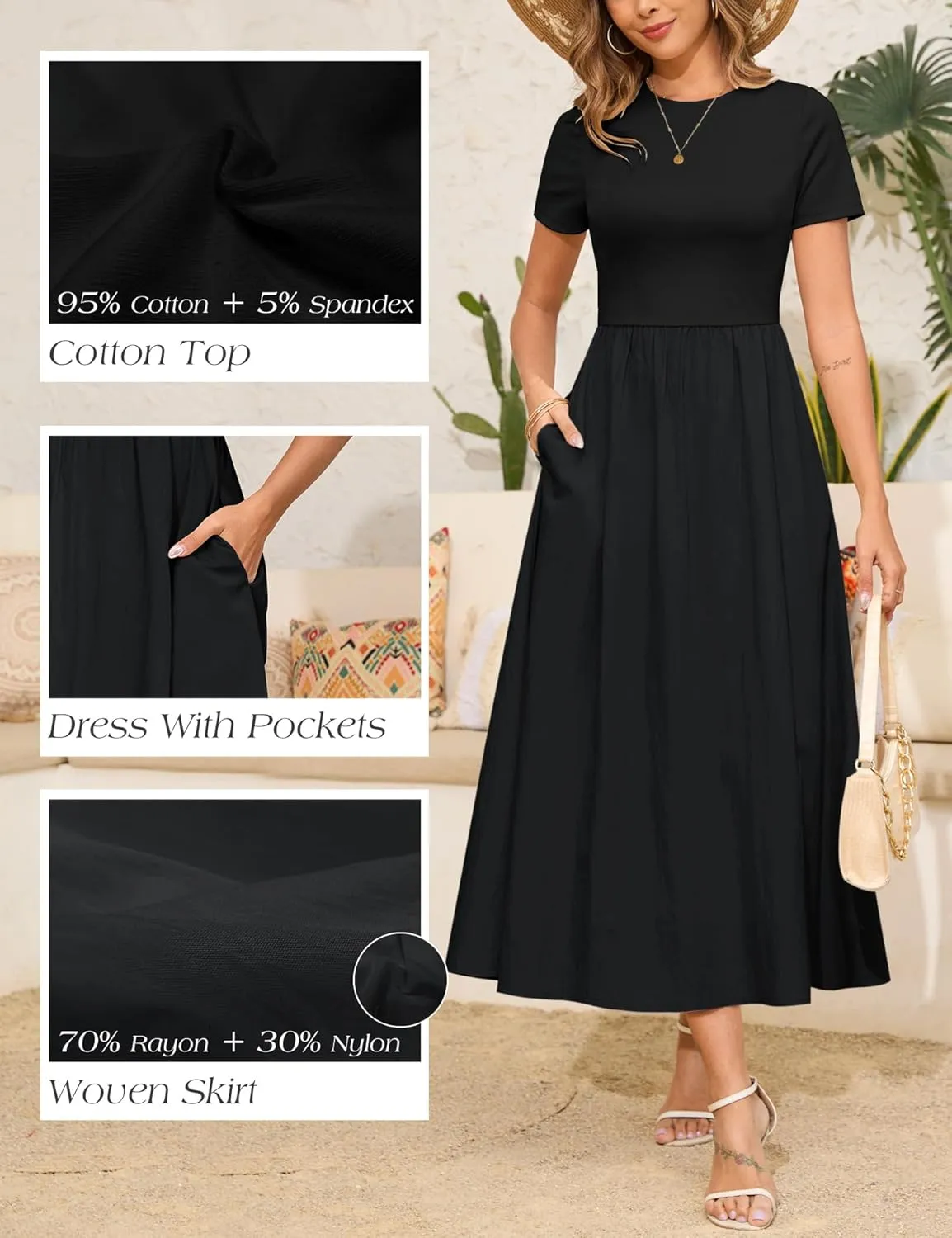 Annebouti Womens 2025 Summer Spring Maxi Dress Trendy Elegant Short Sleeve Cotton Top Casual Long Dress with Pockets