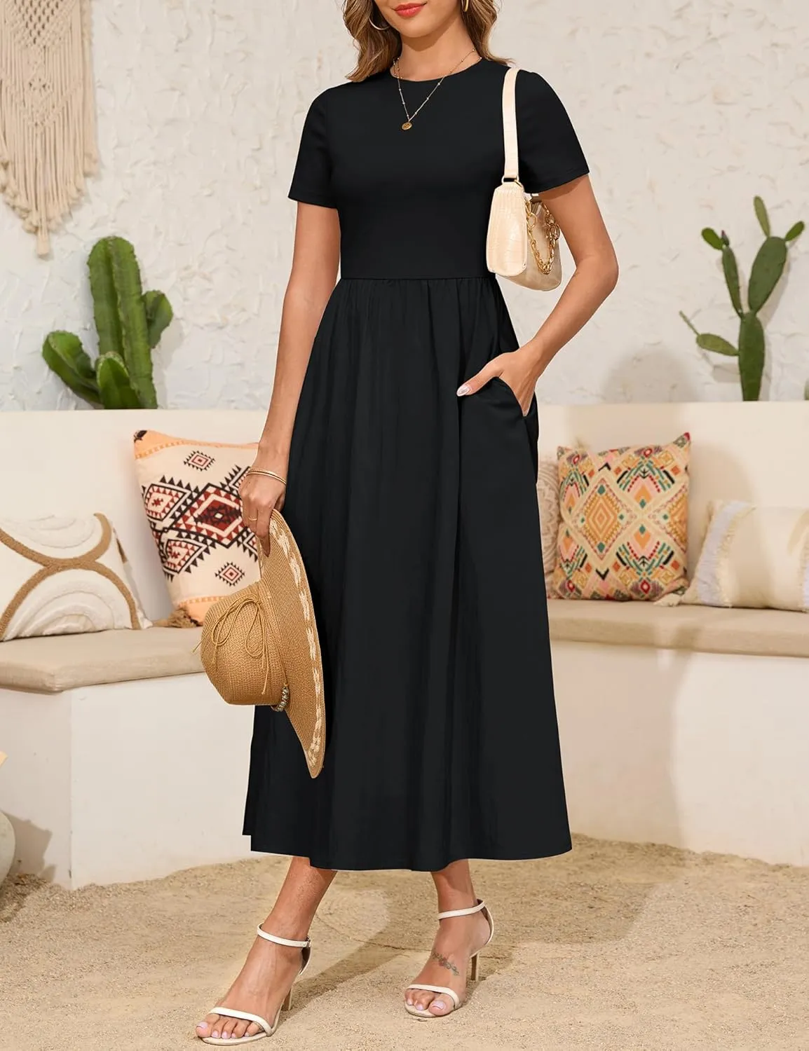 Annebouti Womens 2025 Summer Spring Maxi Dress Trendy Elegant Short Sleeve Cotton Top Casual Long Dress with Pockets
