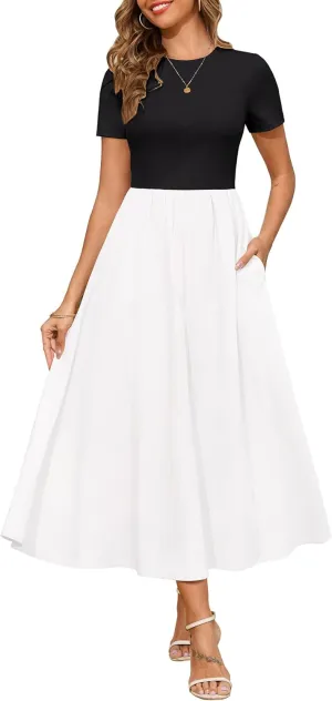 Annebouti Womens 2025 Summer Spring Maxi Dress Trendy Elegant Short Sleeve Cotton Top Casual Long Dress with Pockets