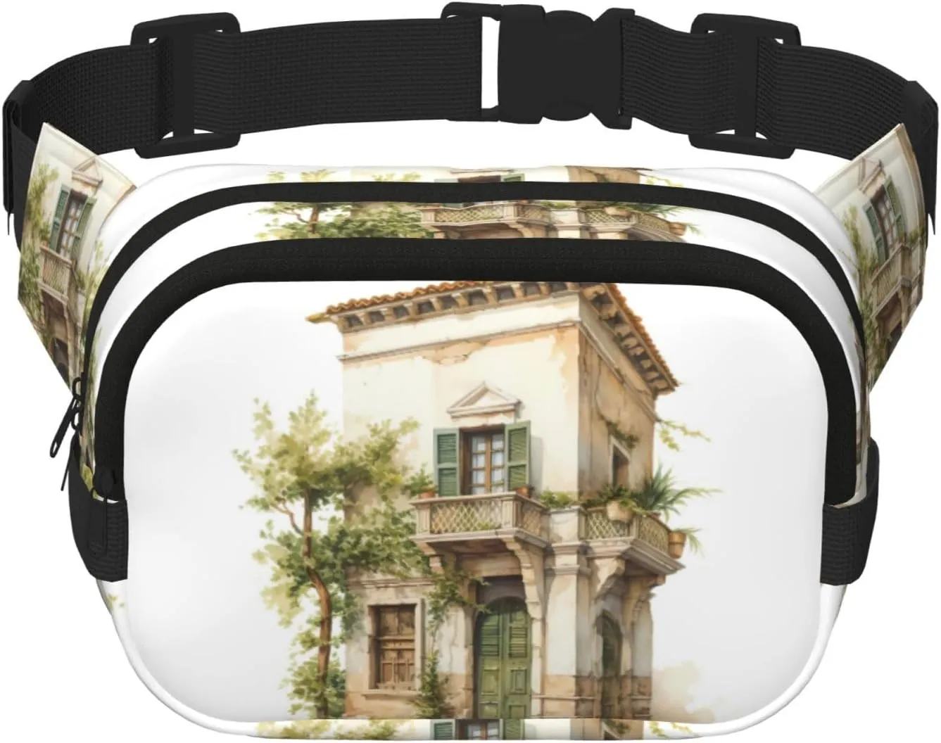 Antique Building with Roman Olive Branch and Greek Print Square Double Layer functionality Waist Bag Unisex Crossbody Pack Travel Workout