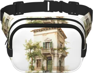 Antique Building with Roman Olive Branch and Greek Print Square Double Layer functionality Waist Bag Unisex Crossbody Pack Travel Workout