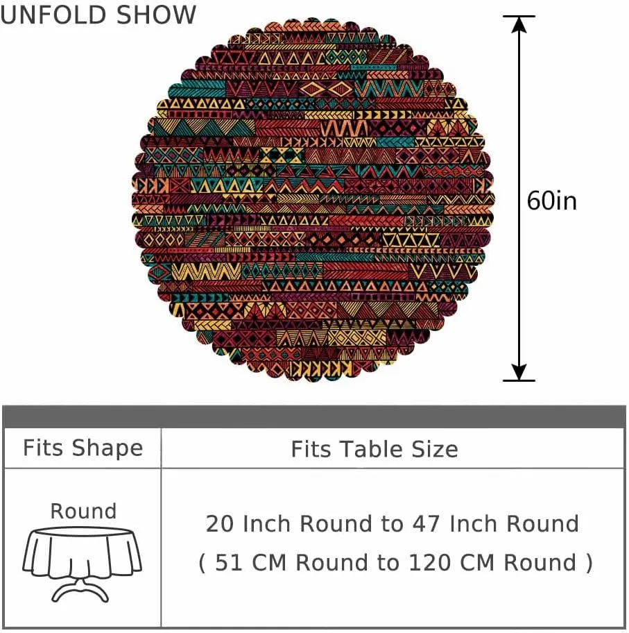 AOYEGO Ethnic Boho Tablecloth Round Table Cloth Stripe Patchwork Tablecloths 60 Inch Tribal Motifs for Dining Room, Party, Banquet Decor