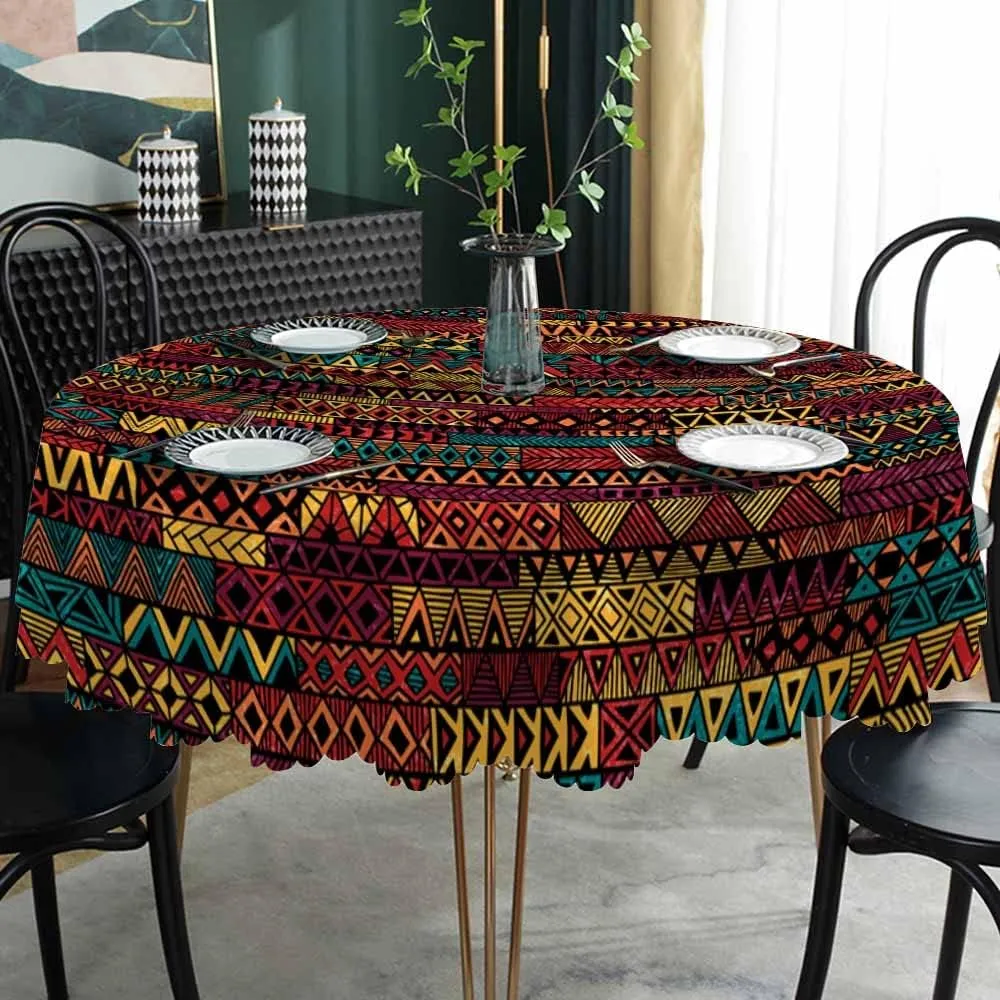 AOYEGO Ethnic Boho Tablecloth Round Table Cloth Stripe Patchwork Tablecloths 60 Inch Tribal Motifs for Dining Room, Party, Banquet Decor