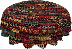AOYEGO Ethnic Boho Tablecloth Round Table Cloth Stripe Patchwork Tablecloths 60 Inch Tribal Motifs for Dining Room, Party, Banquet Decor