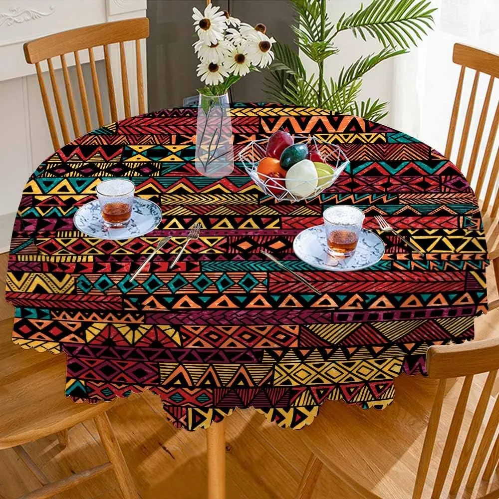 AOYEGO Ethnic Boho Tablecloth Round Table Cloth Stripe Patchwork Tablecloths 60 Inch Tribal Motifs for Dining Room, Party, Banquet Decor