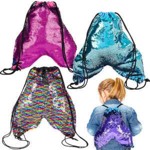 ArtCreativity Flip Sequin Mermaid Tail Bags, Set of 3, Mermaid Tail Drawstring Bags with Color-Changing Sequins, Mermaid Gifts for Girls and Boys, Mermaid Party Favors and Goodie Bag Stuffers