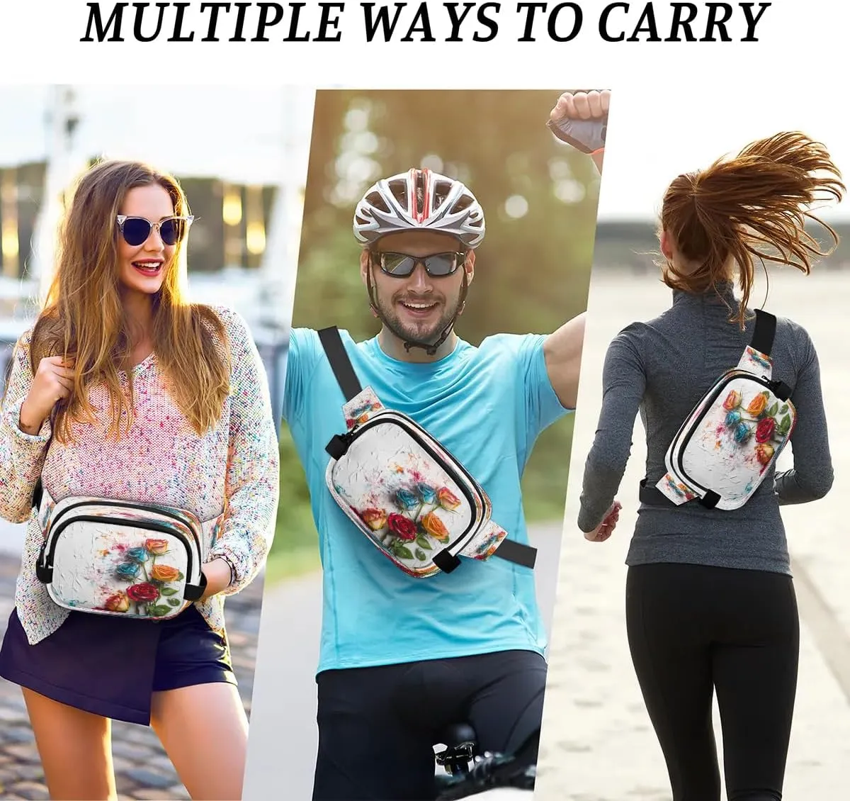 Artistic Multi-Colored Roses Men's and Women's Waist Pack Crossbody Roses and Roses Flower Waist Pack Running Strap, Adjustable Shoulder Strap - For Hiking and Running Exercise Fitness