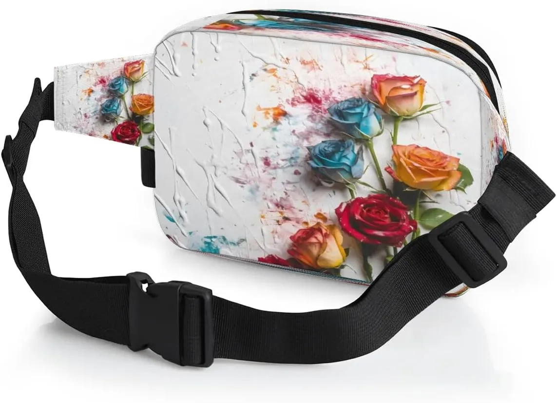 Artistic Multi-Colored Roses Men's and Women's Waist Pack Crossbody Roses and Roses Flower Waist Pack Running Strap, Adjustable Shoulder Strap - For Hiking and Running Exercise Fitness