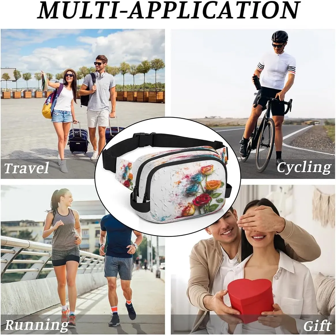 Artistic Multi-Colored Roses Men's and Women's Waist Pack Crossbody Roses and Roses Flower Waist Pack Running Strap, Adjustable Shoulder Strap - For Hiking and Running Exercise Fitness