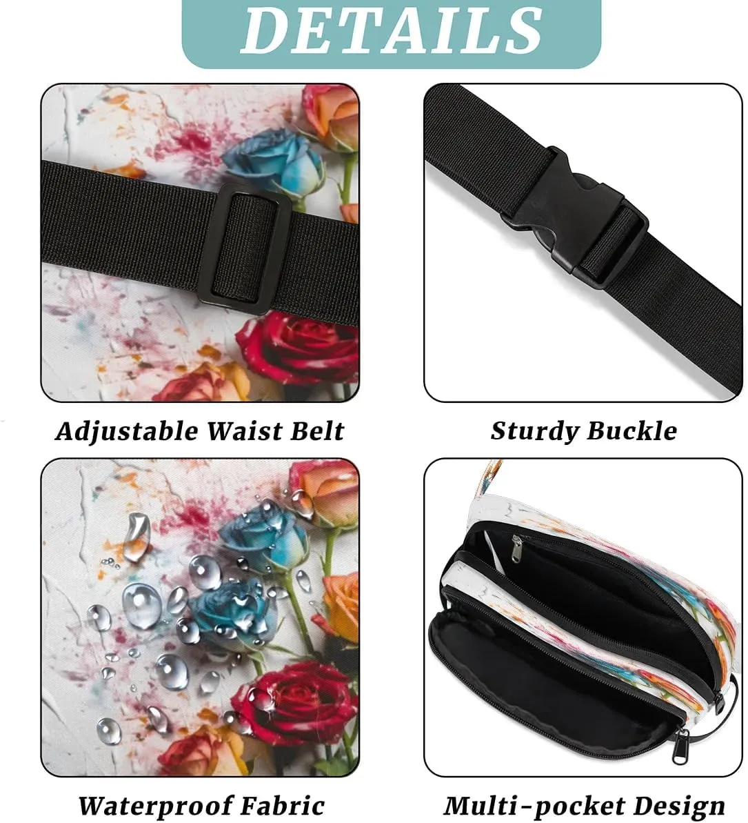Artistic Multi-Colored Roses Men's and Women's Waist Pack Crossbody Roses and Roses Flower Waist Pack Running Strap, Adjustable Shoulder Strap - For Hiking and Running Exercise Fitness
