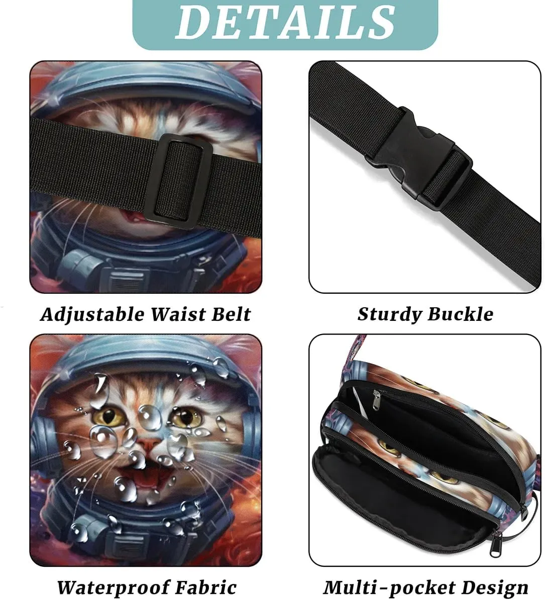 Astronaut Cat Men's and Women's Waist Pack Crossbody Cute Cat Print Waist Pack Running Strap, Adjustable Shoulder Strap - For Hiking and Running Exercise Fitness