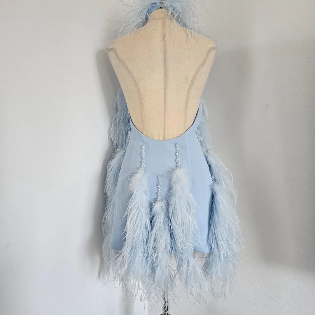Attico Josephine Feather And Bead-embellished Crepe Halterneck Mini Dress in Blue