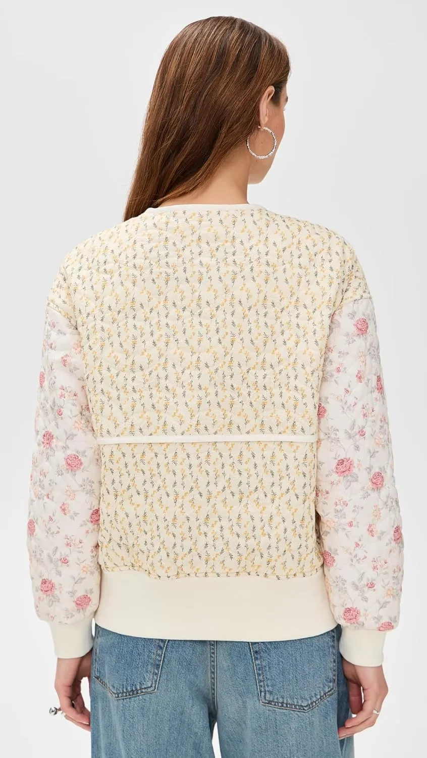 Avec Les Filles Women's Collarless Quilted Bomber Jacket