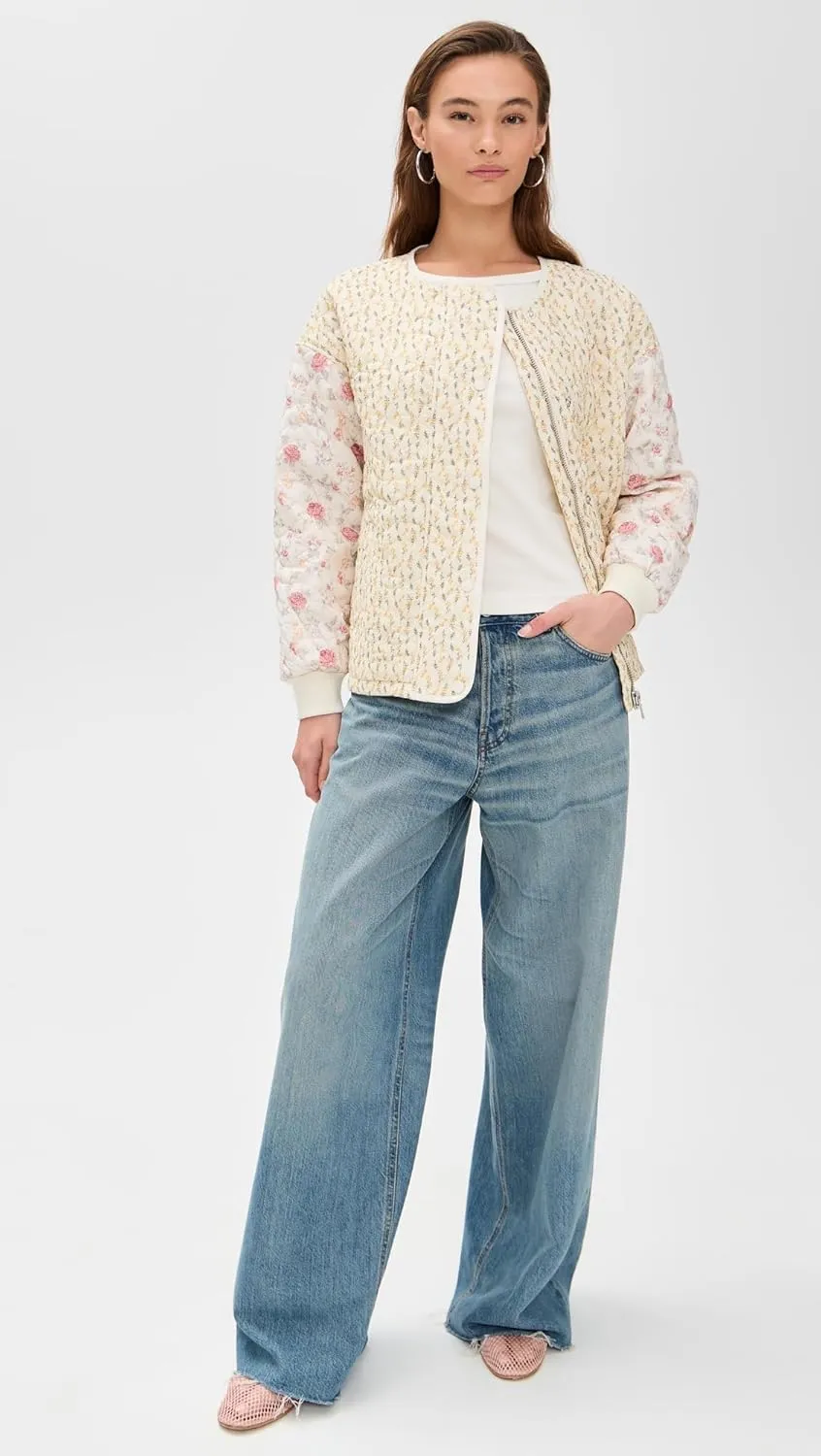 Avec Les Filles Women's Collarless Quilted Bomber Jacket