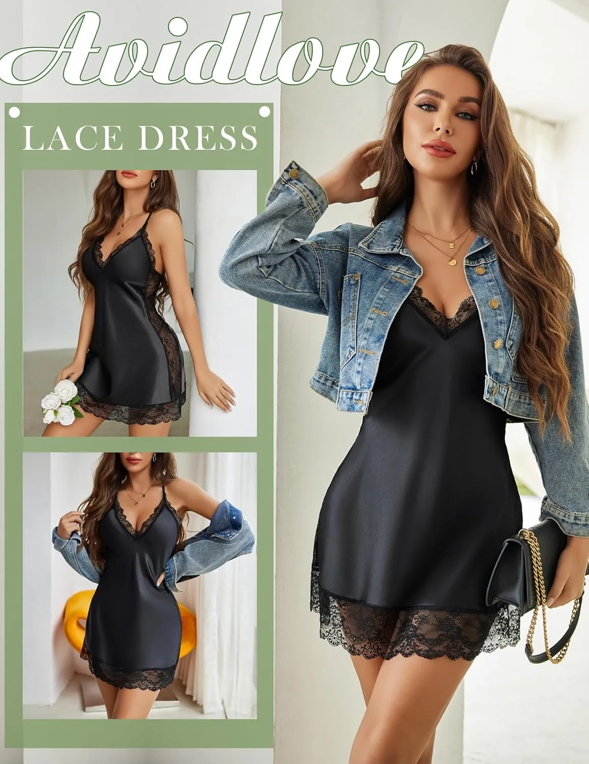 Avidlove Women Lingerie Satin Lace Chemise Nightgown Sexy Full Slips Sleepwear S-4XL
