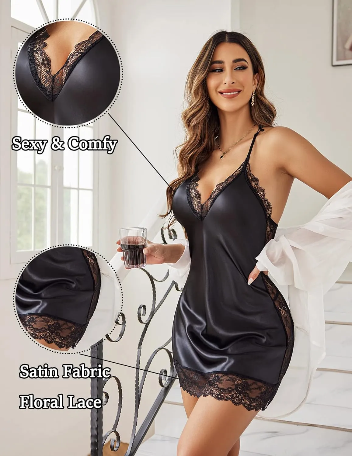 Avidlove Women Lingerie Satin Lace Chemise Nightgown Sexy Full Slips Sleepwear S-4XL