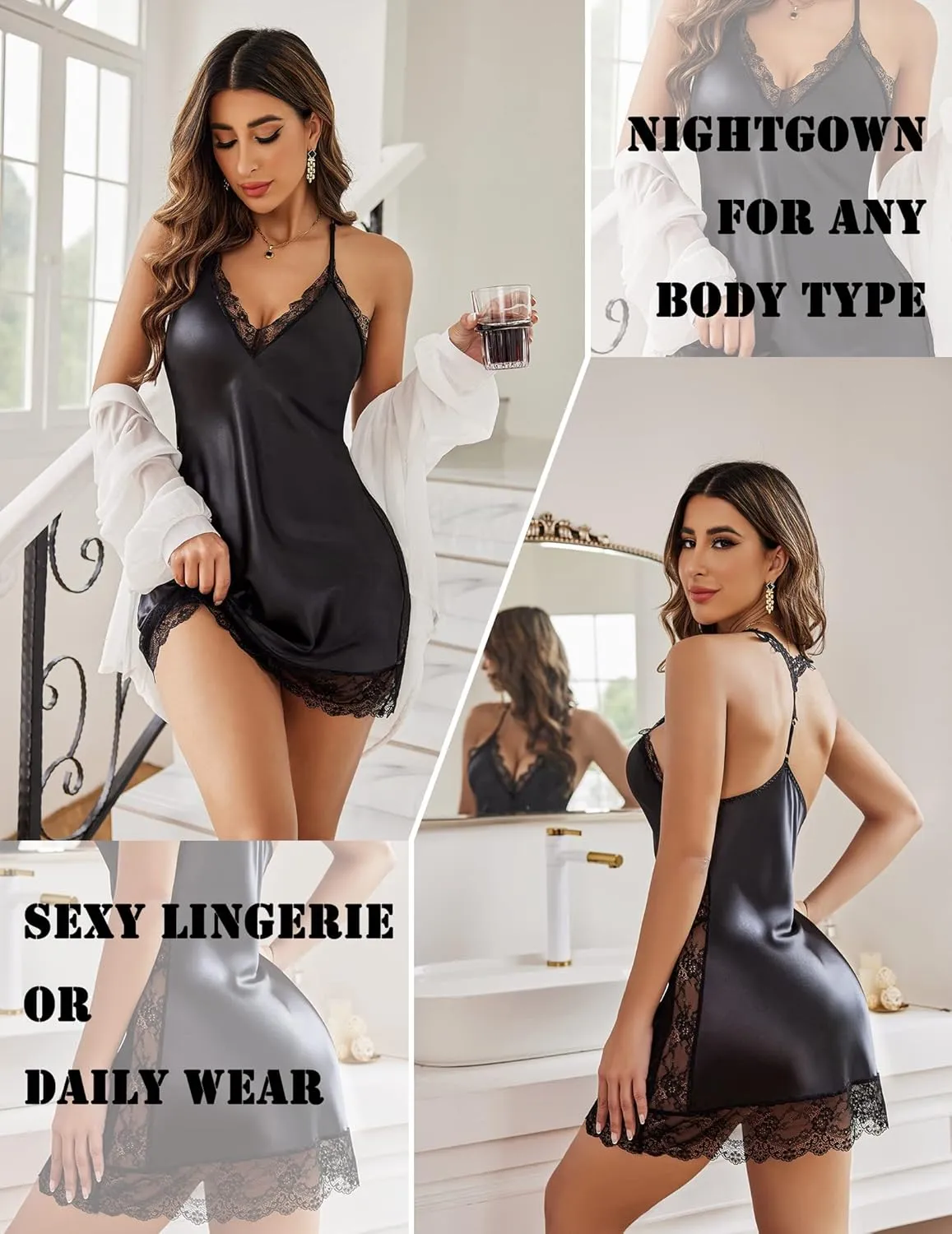 Avidlove Women Lingerie Satin Lace Chemise Nightgown Sexy Full Slips Sleepwear S-4XL