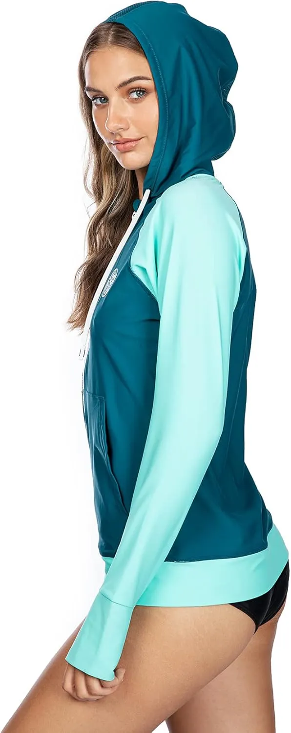 AXESEA Women's Hoodie Rash Guard UV Sun Protection Long Sleeve Hooded Swim Shirts Full Zip Front Swimsuit Tops