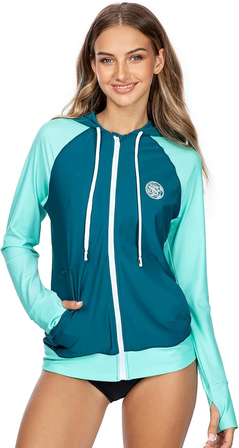 AXESEA Women's Hoodie Rash Guard UV Sun Protection Long Sleeve Hooded Swim Shirts Full Zip Front Swimsuit Tops