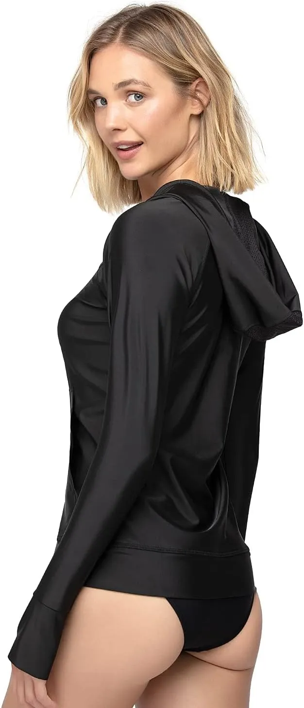 AXESEA Women's Hoodie Rash Guard UV Sun Protection Long Sleeve Hooded Swim Shirts Full Zip Front Swimsuit Tops