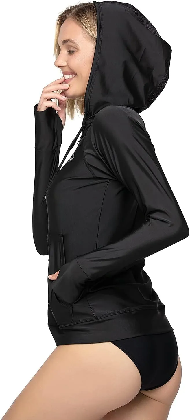 AXESEA Women's Hoodie Rash Guard UV Sun Protection Long Sleeve Hooded Swim Shirts Full Zip Front Swimsuit Tops