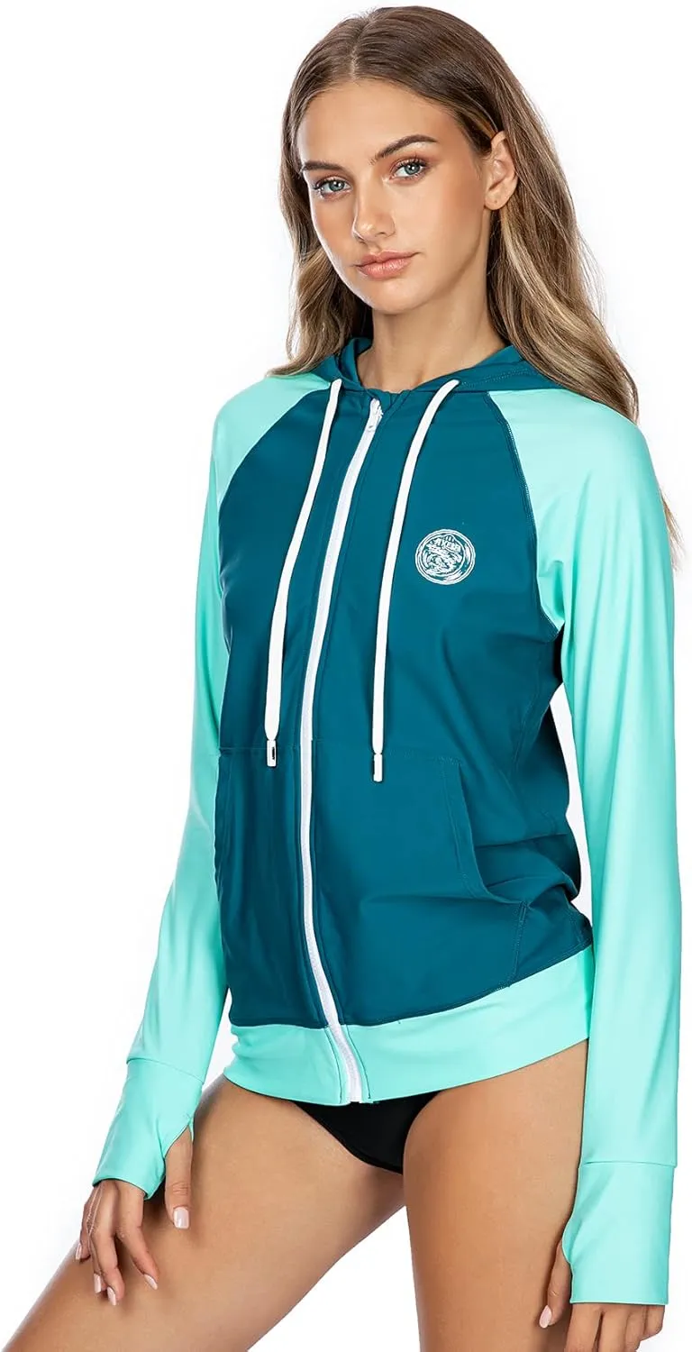 AXESEA Women's Hoodie Rash Guard UV Sun Protection Long Sleeve Hooded Swim Shirts Full Zip Front Swimsuit Tops