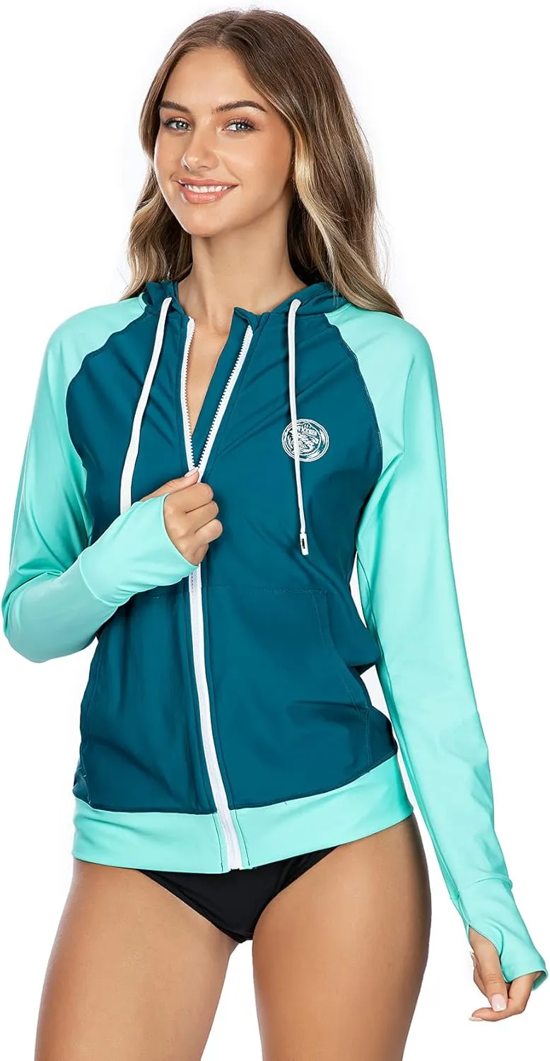AXESEA Women's Hoodie Rash Guard UV Sun Protection Long Sleeve Hooded Swim Shirts Full Zip Front Swimsuit Tops
