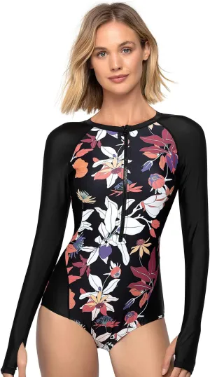 AXESEA Womens Rash Guard Long Sleeve One Piece Swimsuit UV UPF 50  Sun Protection Zipper Printed Patchwork Bathing Suit