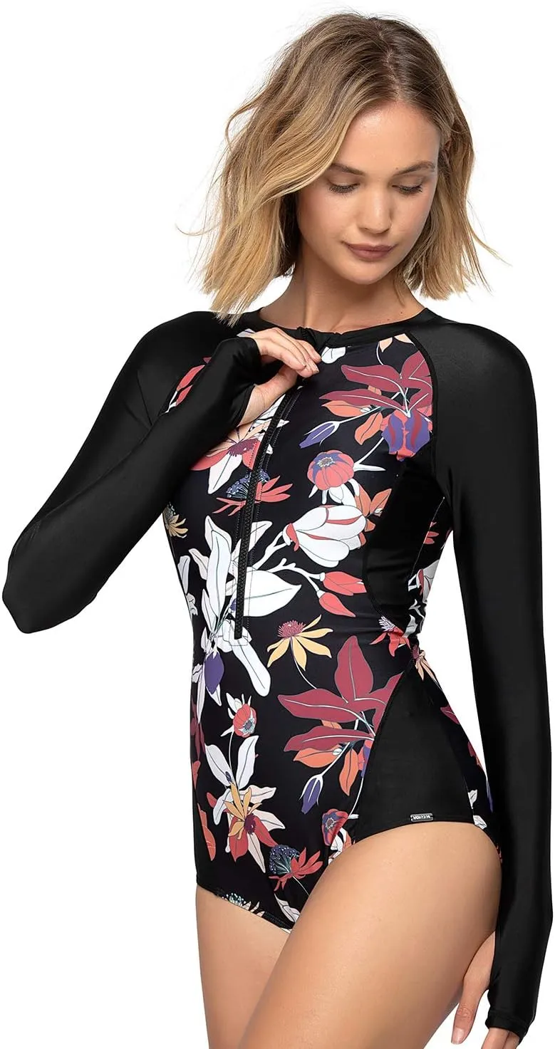 AXESEA Womens Rash Guard Long Sleeve One Piece Swimsuit UV UPF 50  Sun Protection Zipper Printed Patchwork Bathing Suit