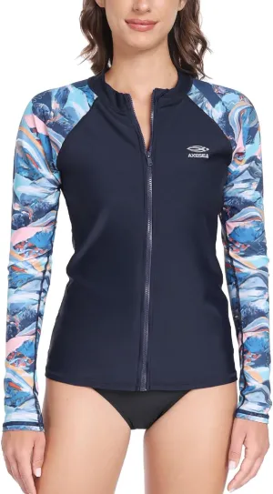 AXESEA Women's Rash Guard Tops Long Sleeve Bathing Suits Printed UV Sun Protection Swim Shirt