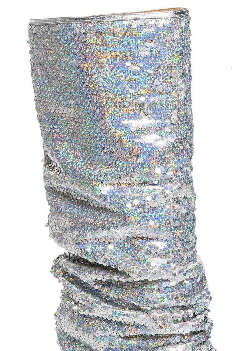 AZALEA WANG NEBULA SEQUIN EMBELLISHED BOOT IN SILVER