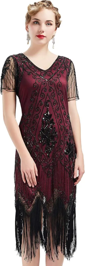 BABEYOND 1920s Art Deco Fringed Sequin Dress Roaring 20s Flapper Fancy Dress