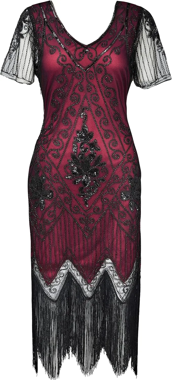 BABEYOND 1920s Art Deco Fringed Sequin Dress Roaring 20s Flapper Fancy Dress