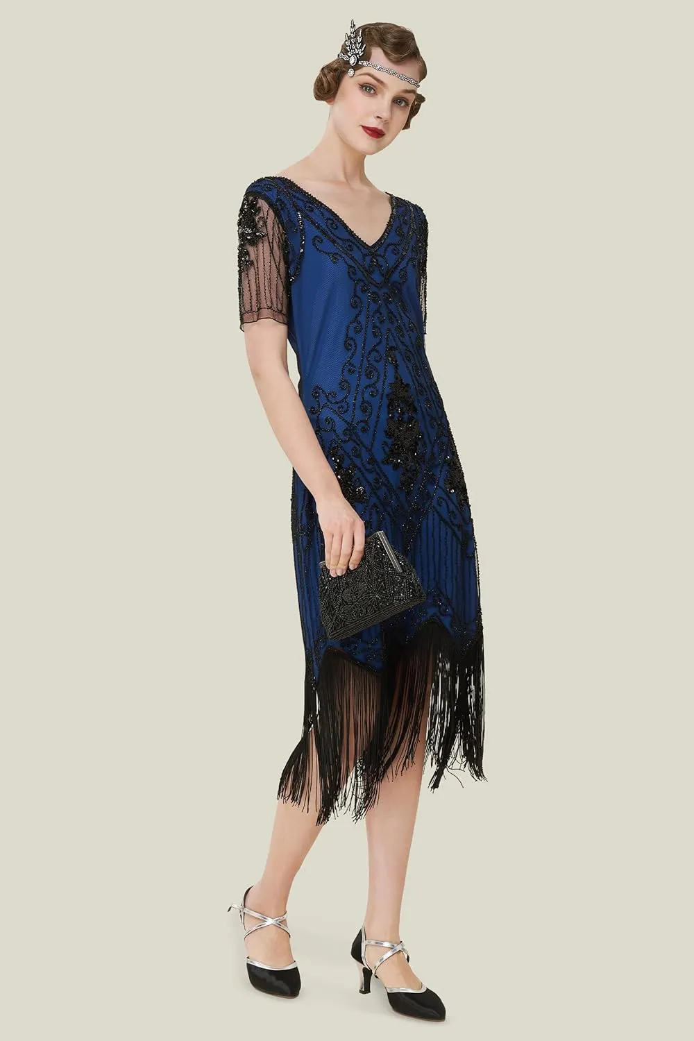 BABEYOND 1920s Art Deco Fringed Sequin Dress Roaring 20s Flapper Fancy Dress