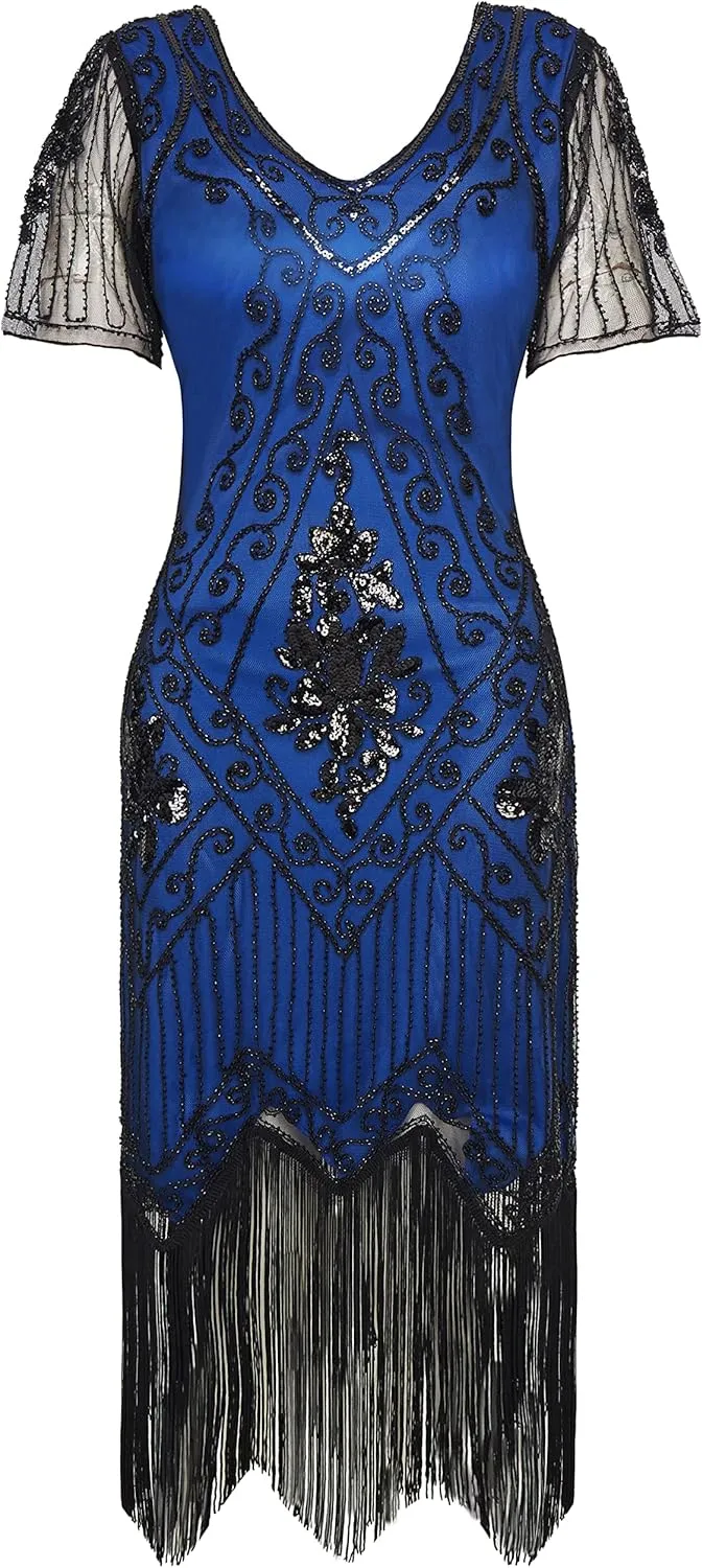 BABEYOND 1920s Art Deco Fringed Sequin Dress Roaring 20s Flapper Fancy Dress