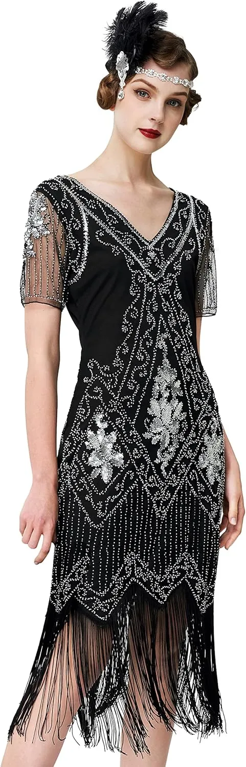 BABEYOND 1920s Art Deco Fringed Sequin Dress Roaring 20s Flapper Fancy Dress