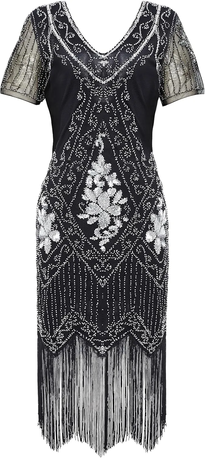 BABEYOND 1920s Art Deco Fringed Sequin Dress Roaring 20s Flapper Fancy Dress