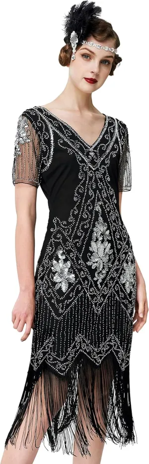 BABEYOND 1920s Art Deco Fringed Sequin Dress Roaring 20s Flapper Fancy Dress