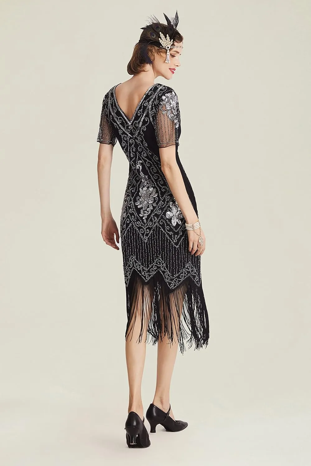 BABEYOND 1920s Art Deco Fringed Sequin Dress Roaring 20s Flapper Fancy Dress