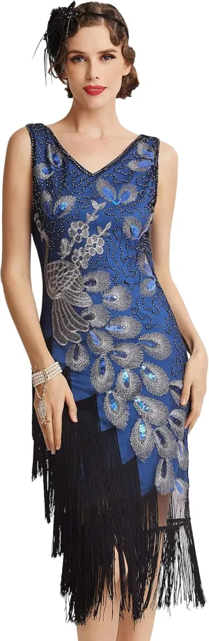 BABEYOND 1920s Vintage Peacock Sequined Dress Gatsby Fringed Flapper Dress Roaring 20s Party Dress
