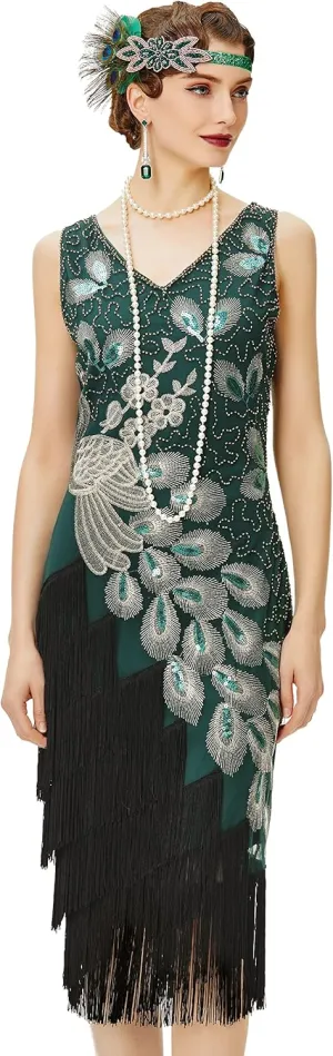 BABEYOND 1920s Vintage Peacock Sequined Dress Gatsby Fringed Flapper Dress Roaring 20s Party Dress