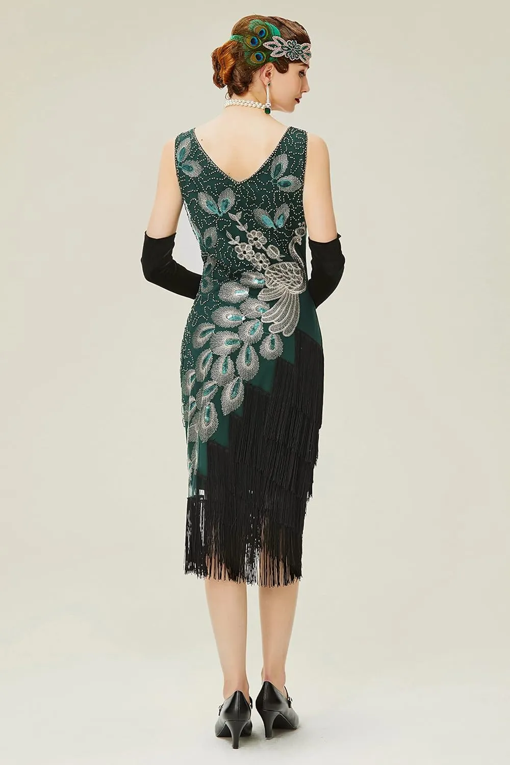 BABEYOND 1920s Vintage Peacock Sequined Dress Gatsby Fringed Flapper Dress Roaring 20s Party Dress