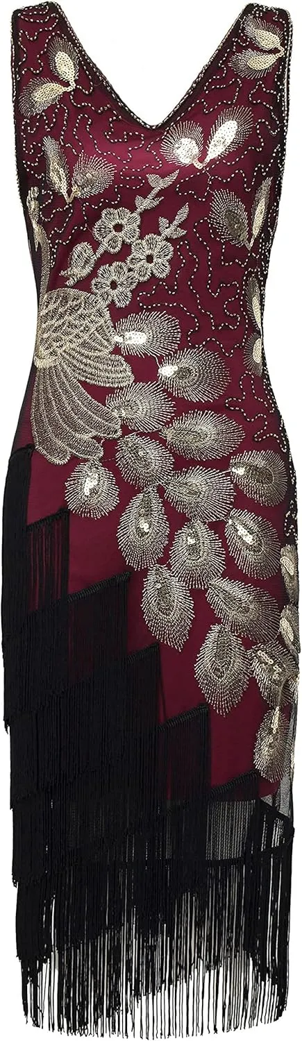 BABEYOND 1920s Vintage Peacock Sequined Dress Gatsby Fringed Flapper Dress Roaring 20s Party Dress