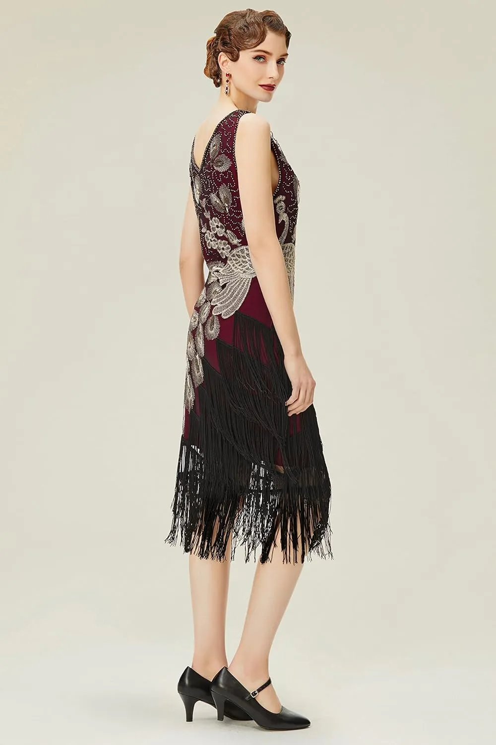 BABEYOND 1920s Vintage Peacock Sequined Dress Gatsby Fringed Flapper Dress Roaring 20s Party Dress