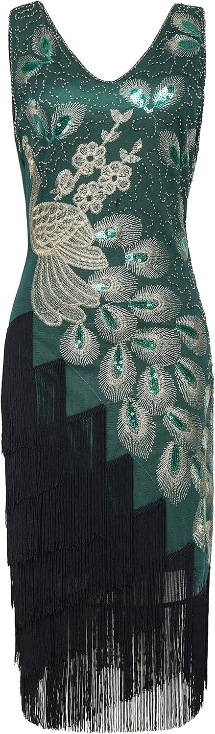 BABEYOND 1920s Vintage Peacock Sequined Dress Gatsby Fringed Flapper Dress Roaring 20s Party Dress