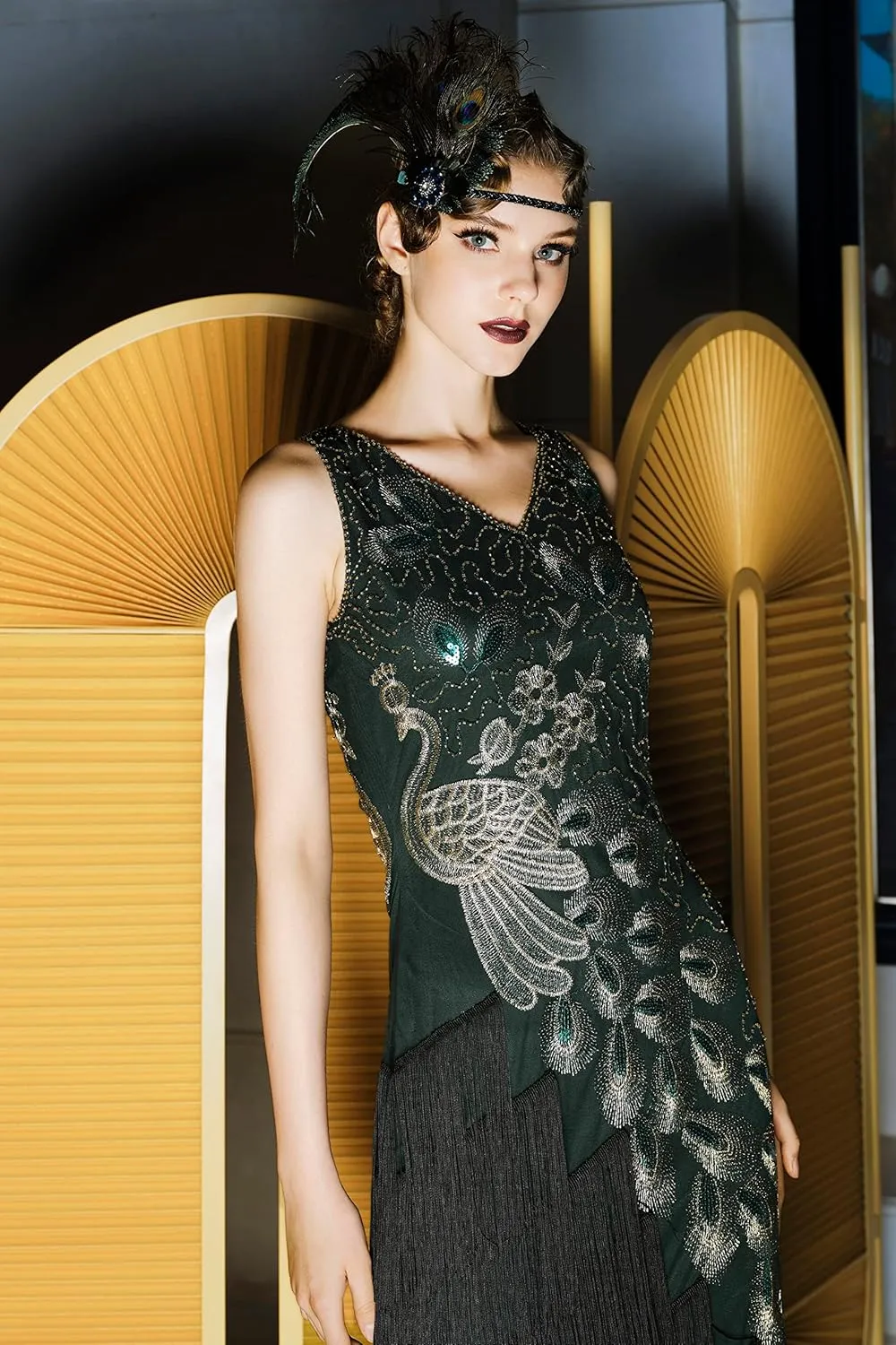 BABEYOND 1920s Vintage Peacock Sequined Dress Gatsby Fringed Flapper Dress Roaring 20s Party Dress