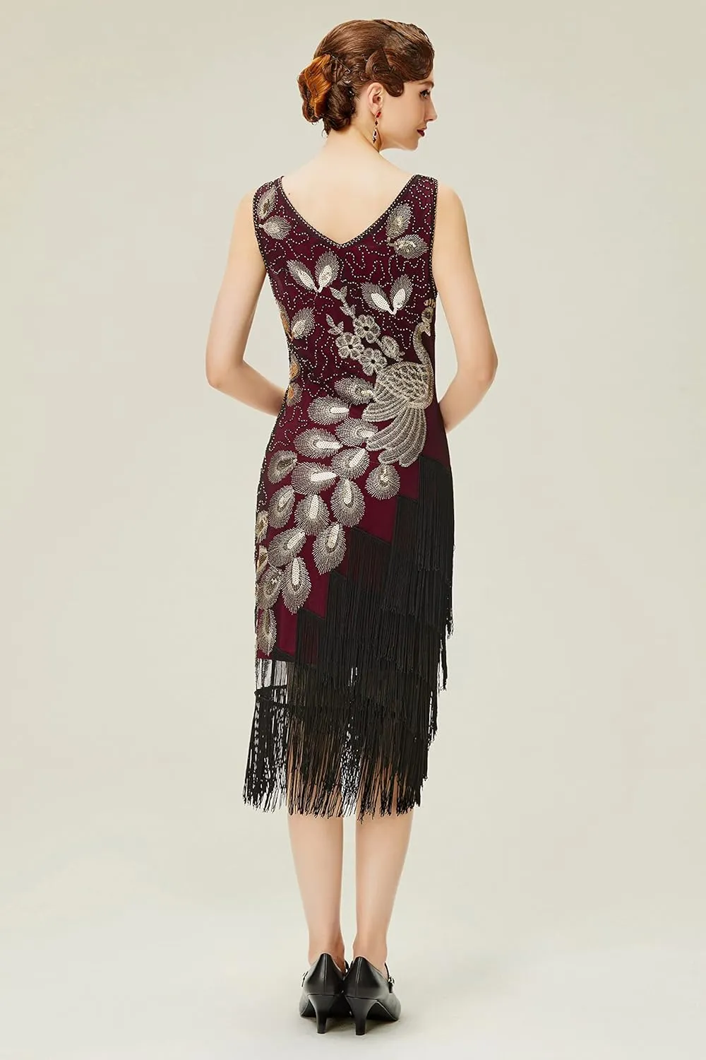 BABEYOND 1920s Vintage Peacock Sequined Dress Gatsby Fringed Flapper Dress Roaring 20s Party Dress